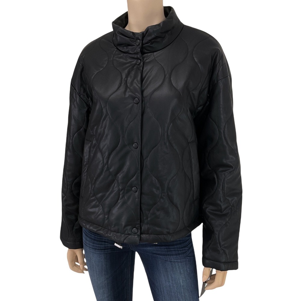 Andrew Marc Jacket Women Large Black Long Sleeve Faux Leather Coat Quilted NWT